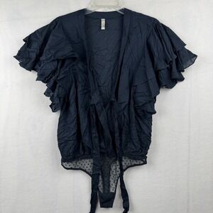 Free People Intimately Bodysuit Black Ruffle Sleeve Sheer Polka‎ Dot Tie Back M